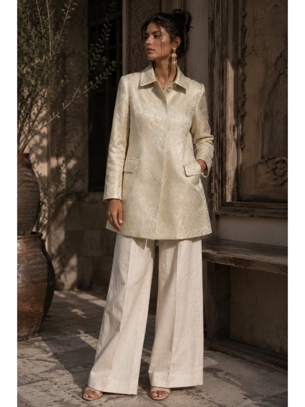 Banana Republic Silk Blend Metallic Paisley Brocade Coat Jacket XS Gold Ivory